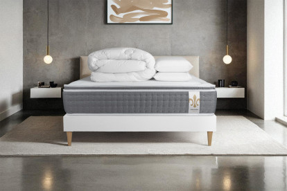 Pack lit complet 140x200 cm - Matelas + Sommier Blanc (en kit) + 2 oreillers + Couette - Vingt-Six PLUS