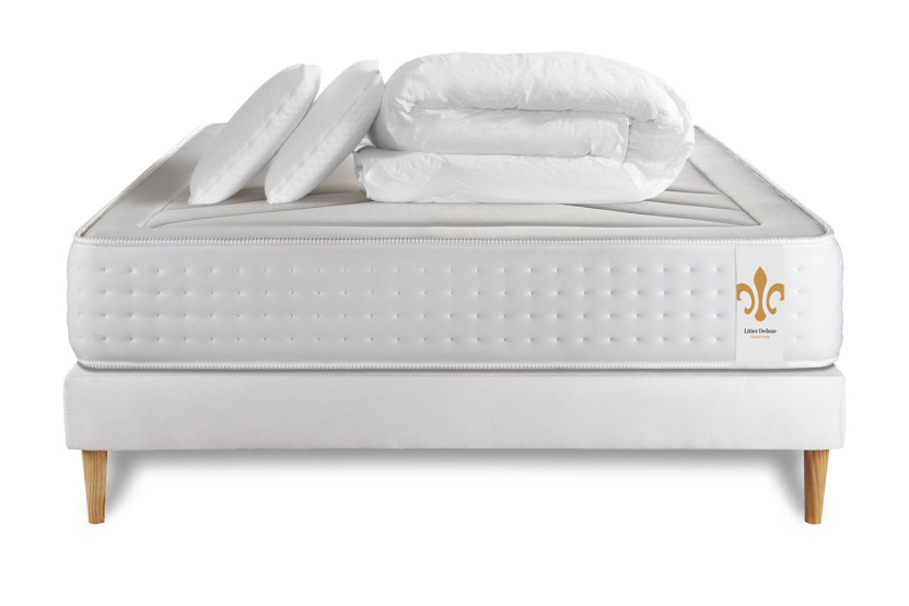 Pack lit complet 140x190 cm - Matelas + Sommier Blanc (en kit) + 2 oreillers + Couette - Vingt-Quatre