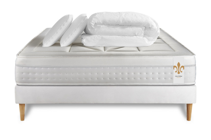 Pack lit complet 140x200 cm - Matelas + Sommier Blanc (en kit) + 2 oreillers + Couette - Vingt-Huit