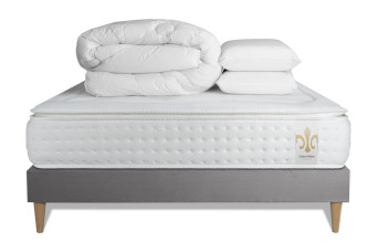 Pack lit complet 180x200 cm - Matelas + Sommier Gris (en kit) + 2 oreillers + Couette - Vingt-Quatre PLUS