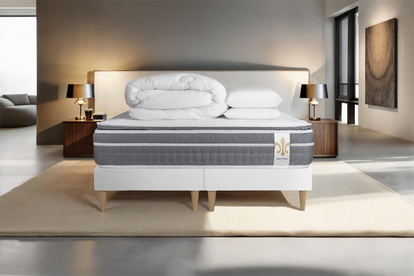 Pack lit complet 200x200 cm - Matelas + 2 Sommiers Blancs + 2 oreillers + Couette - Trente PLUS