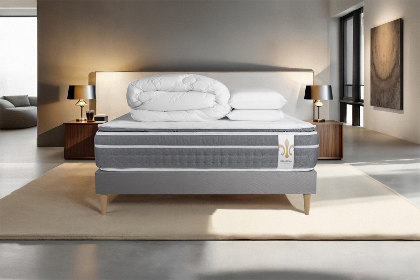 Pack lit complet 140x200 cm - Matelas + Sommier Gris (en kit) + 2 oreillers + Couette - Trente PLUS