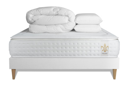 Pack lit complet 140x190 cm - Matelas + Sommier Blanc (en kit) + 2 oreillers + Couette - Vingt-Quatre PLUS