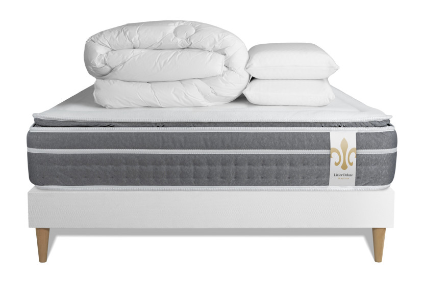 Pack lit complet 140x190 cm - Matelas + Sommier Blanc + 2 oreillers + Couette - Trente PLUS