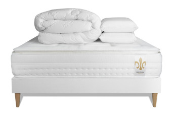 Pack lit complet 140x200 cm - Matelas + Sommier Blanc (en kit) + 2 oreillers + Couette - Vingt-Huit PLUS