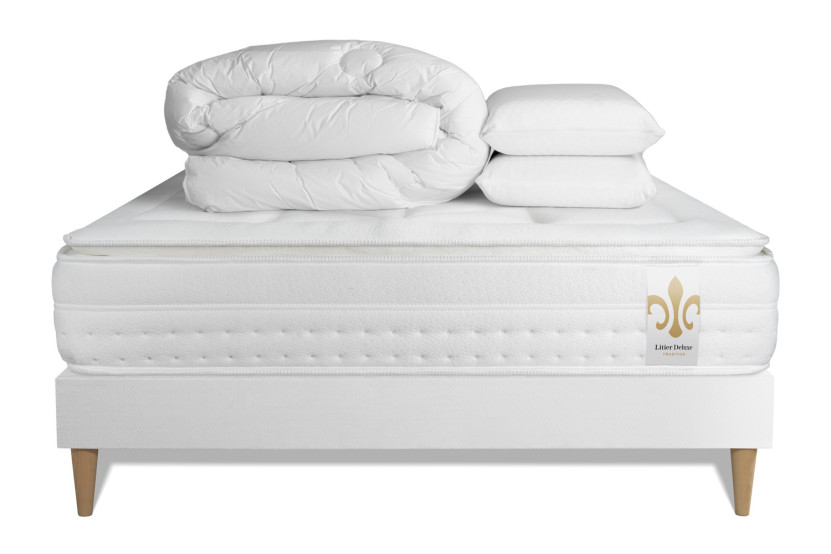 Pack lit complet 140x200 cm - Matelas + Sommier Blanc (en kit) + 2 oreillers + Couette - Vingt-Huit PLUS