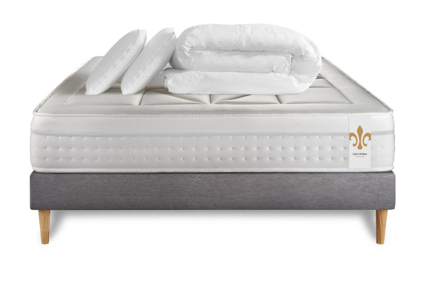 Pack lit complet 160x200 cm - Matelas + Sommier Gris (en kit) + 2 oreillers + Couette - Vingt-Huit