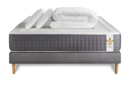 Pack lit complet 140x200 cm - Matelas + Sommier Gris (en kit) + 2 oreillers + Couette - Vingt-Six
