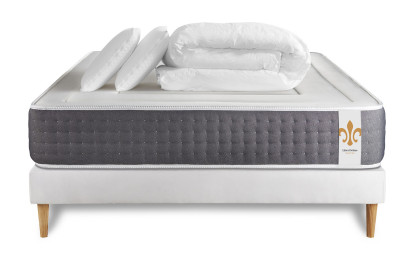 Pack lit complet 160x200 cm - Matelas + Sommier Blanc (en kit) + 2 oreillers + Couette - Vingt-Six