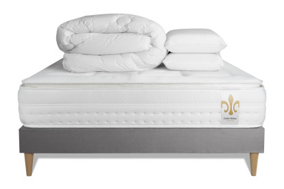 Pack lit complet 160x200 cm - Matelas + Sommier Gris (en kit) + 2 oreillers + Couette - Vingt-Huit PLUS