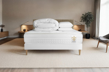 Pack lit complet 160x200 cm - Matelas + Sommier Blanc + 2 oreillers + Couette - Vingt-Huit PLUS