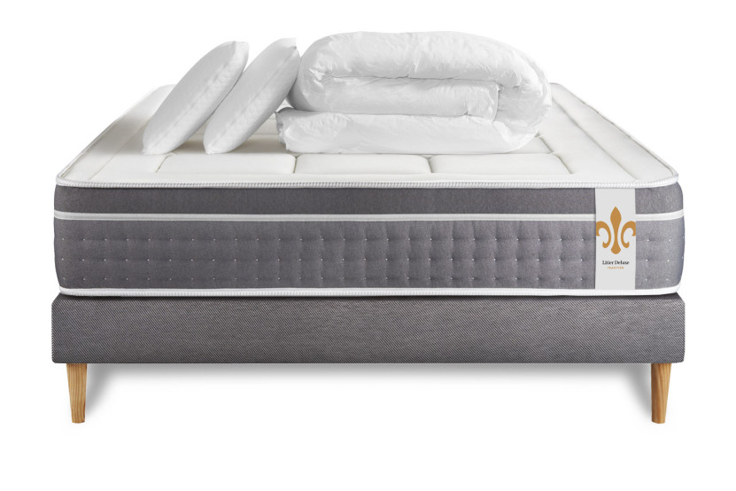 Pack lit complet 140x200 cm - Matelas + Sommier Gris (en kit) + 2 oreillers + Couette - Trente