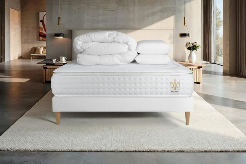 Pack lit complet 140x190 cm - Matelas + Sommier Blanc (en kit) + 2 oreillers + Couette - Vingt-Quatre PLUS