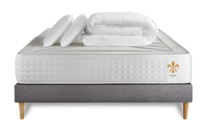 Pack lit complet 160x200 cm - Matelas + Sommier Gris (en kit) + 2 oreillers + Couette - Vingt-Quatre