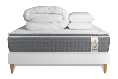 Pack lit complet 160x200 cm - Matelas + Sommier Blanc (en kit) + 2 oreillers + Couette - Vingt-Six PLUS