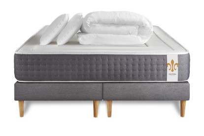 Pack lit complet 200x200 cm - Matelas + 2 Sommiers Gris + 2 oreillers + Couette - Vingt-Six