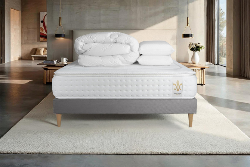 Pack lit complet 140x190 cm - Matelas + Sommier Gris + 2 oreillers + Couette - Vingt-Quatre PLUS