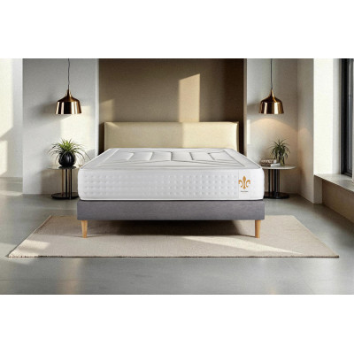 Pack lit complet 200x200 cm - Matelas + Sommier Gris (en kit) + 2 oreillers + Couette - Vingt-Quatre