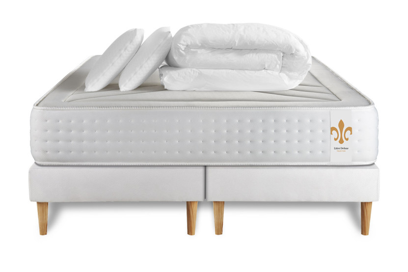 Pack lit complet 160x200 cm - Matelas + 2 Sommiers Blancs + 2 oreillers + Couette - Vingt-Quatre