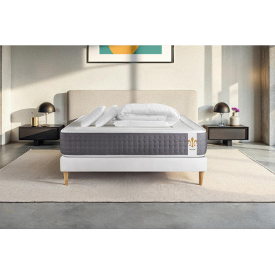 Pack lit complet 180x200 cm - Matelas + Sommier Blanc (en kit) + 2 oreillers + Couette - Vingt-Six