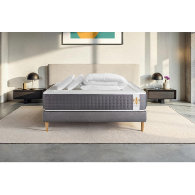 Pack lit complet 160x200 cm - Matelas + Sommier Gris + 2 oreillers + Couette - Vingt-Six