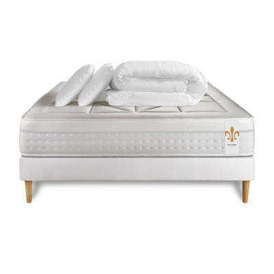 Pack lit complet 200x200 cm - Matelas + Sommier Blanc (en kit) + 2 oreillers + Couette - Vingt-Huit