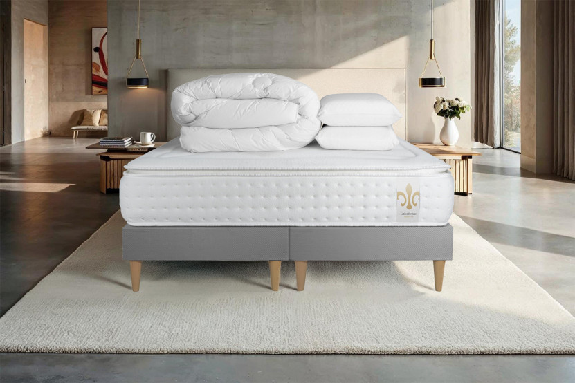 Pack lit complet 180x200 cm - Matelas + 2 Sommiers Gris + 2 oreillers + Couette - Vingt-Quatre PLUS