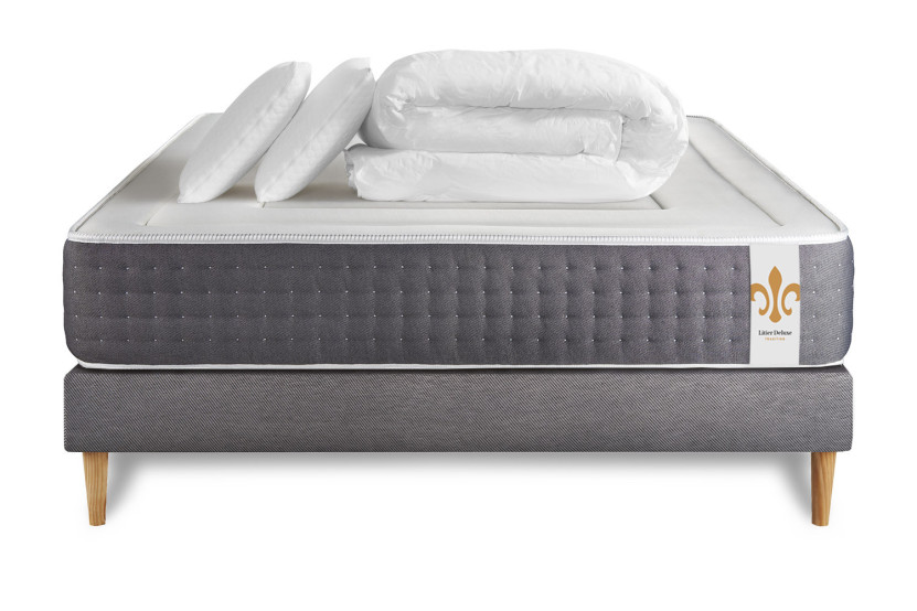 Pack lit complet 200x200 cm - Matelas + Sommier Gris (en kit) + 2 oreillers + Couette - Vingt-Six