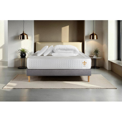 Pack lit complet 140x190 cm - Matelas + Sommier Gris (en kit) + 2 oreillers + Couette - Vingt-Quatre