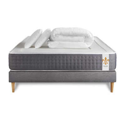 Pack lit complet 160x200 cm - Matelas + Sommier Gris (en kit) + 2 oreillers + Couette - Vingt-Six