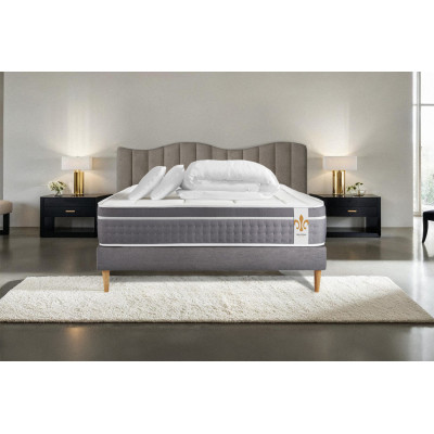 Pack lit complet 140x200 cm - Matelas + Sommier Gris + 2 oreillers + Couette - Trente