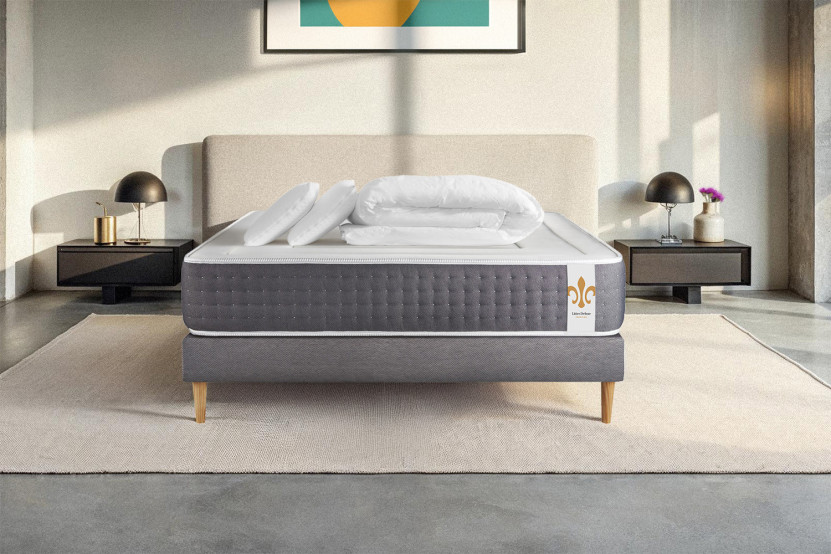 Pack lit complet 160x200 cm - Matelas + Sommier Blanc + 2 oreillers + Couette - Vingt-Six