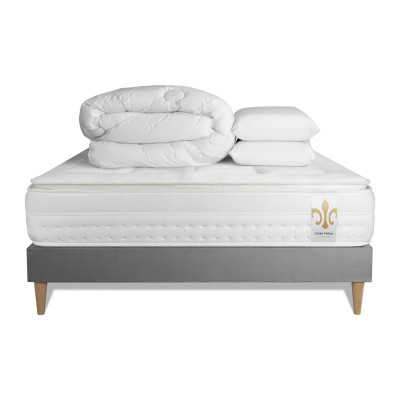 Pack lit complet 140x190 cm - Matelas + Sommier Gris + 2 oreillers + Couette - Vingt-Huit PLUS