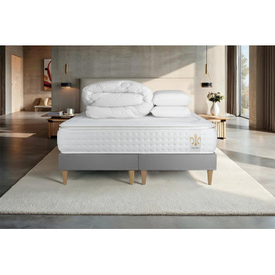Pack lit complet 200x200 cm - Matelas + 2 Sommiers Gris + 2 oreillers + Couette - Vingt-Quatre PLUS