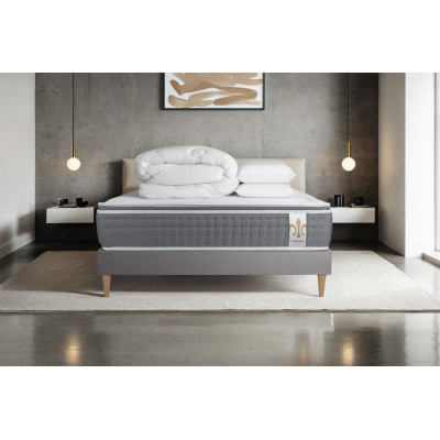 Pack lit complet 140x200 cm - Matelas + Sommier Gris + 2 oreillers + Couette - Vingt-Six PLUS