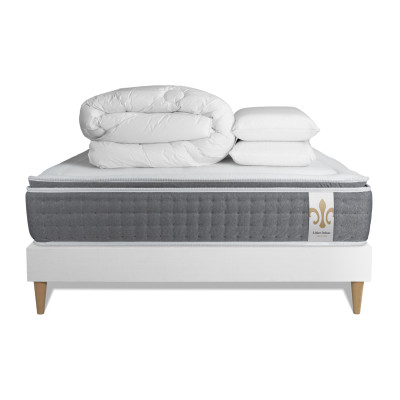 Pack lit complet 140x200 cm - Matelas + Sommier Blanc + 2 oreillers + Couette - Vingt-Six PLUS
