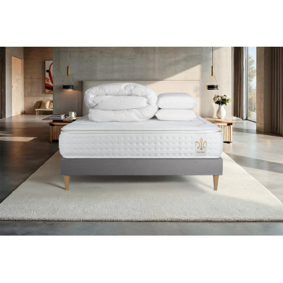 Pack lit complet 140x190 cm - Matelas + Sommier Gris (en kit) + 2 oreillers + Couette - Vingt-Quatre PLUS