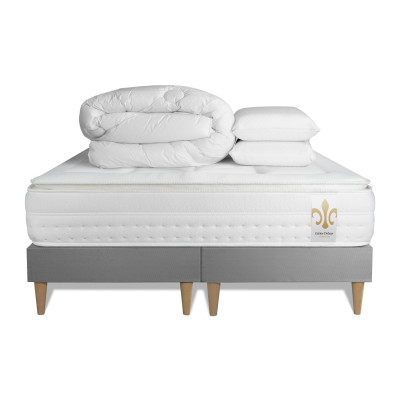 Pack lit complet 160x200 cm - Matelas + 2 Sommiers Gris + 2 oreillers + Couette - Vingt-Huit PLUS