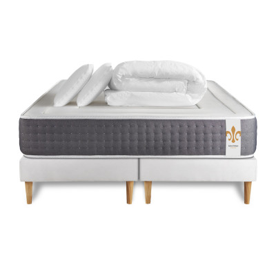 Pack lit complet 200x200 cm - Matelas + 2 Sommiers Blancs + 2 oreillers + Couette - Vingt-Six