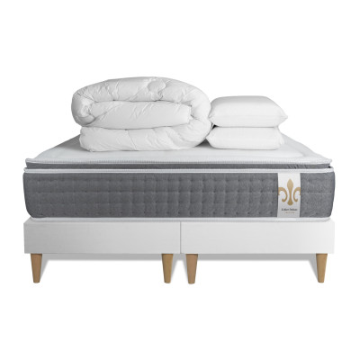 Pack lit complet 180x200 cm - Matelas + 2 Sommiers Blancs + 2 oreillers + Couette - Vingt-Six PLUS