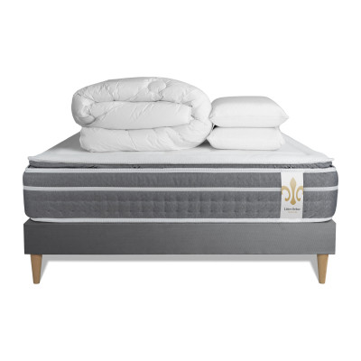 Pack lit complet 180x200 cm - Matelas + Sommier Gris (en kit) + 2 oreillers + Couette - Trente PLUS