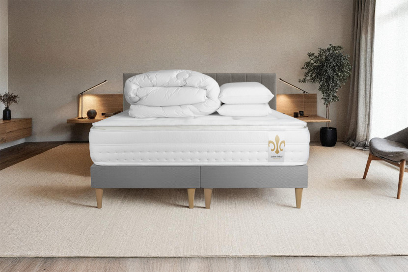 Pack lit complet 180x200 cm - Matelas + 2 Sommiers Gris + 2 oreillers + Couette - Vingt-Huit PLUS