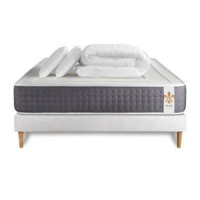Pack lit complet 140x190 cm - Matelas + Sommier Blanc + 2 oreillers + Couette - Vingt-Six