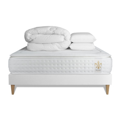 Pack lit complet 160x200 cm - Matelas + Sommier Blanc (en kit) + 2 oreillers + Couette - Vingt-Quatre PLUS
