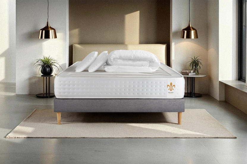 Pack lit complet 140x200 cm - Matelas + Sommier Gris (en kit) + 2 oreillers + Couette - Vingt-Quatre