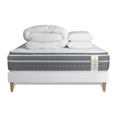 Pack lit complet 160x200 cm - Matelas + Sommier Blanc (en kit) + 2 oreillers + Couette - Trente PLUS
