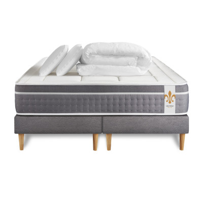 Pack lit complet 180x200 cm - Matelas + 2 Sommiers Gris + 2 oreillers + Couette - Trente
