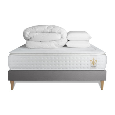 Pack lit complet 160x200 cm - Matelas + Sommier Gris + 2 oreillers + Couette - Vingt-Quatre PLUS