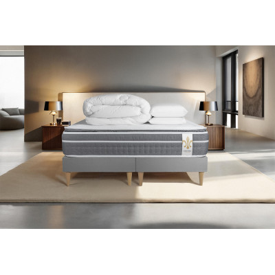 Pack lit complet 200x200 cm - Matelas + 2 Sommiers Gris + 2 oreillers + Couette - Trente PLUS