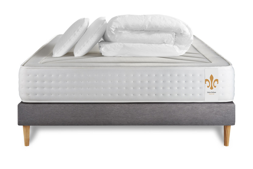 Pack lit complet 160x200 cm - Matelas + Sommier Gris + 2 oreillers + Couette - Vingt-Quatre